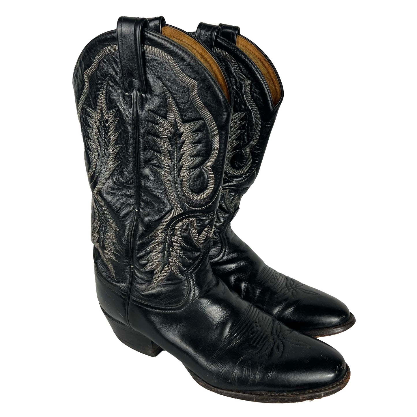 80s Tony Lama Black Detailed Leather Cowboy Boots- M's 11, W's 12.5