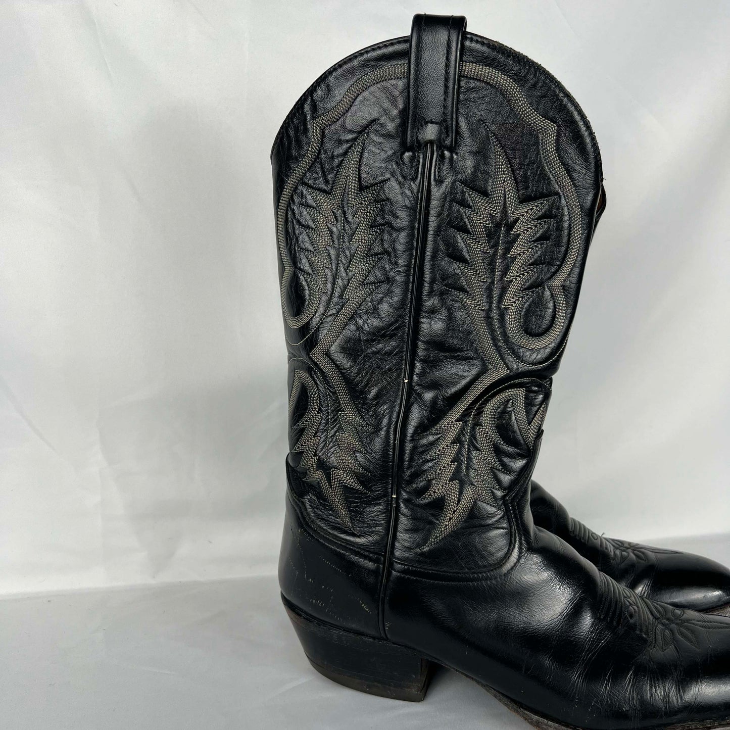 80s Tony Lama Black Detailed Leather Cowboy Boots- M's 11, W's 12.5