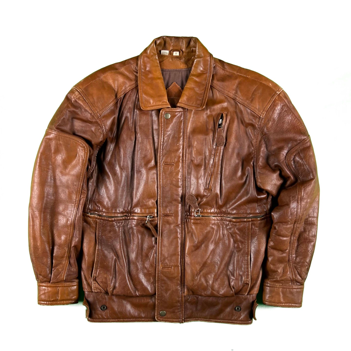 90s Caramel Brown Multi Zip Leather Bomber Jacket- S