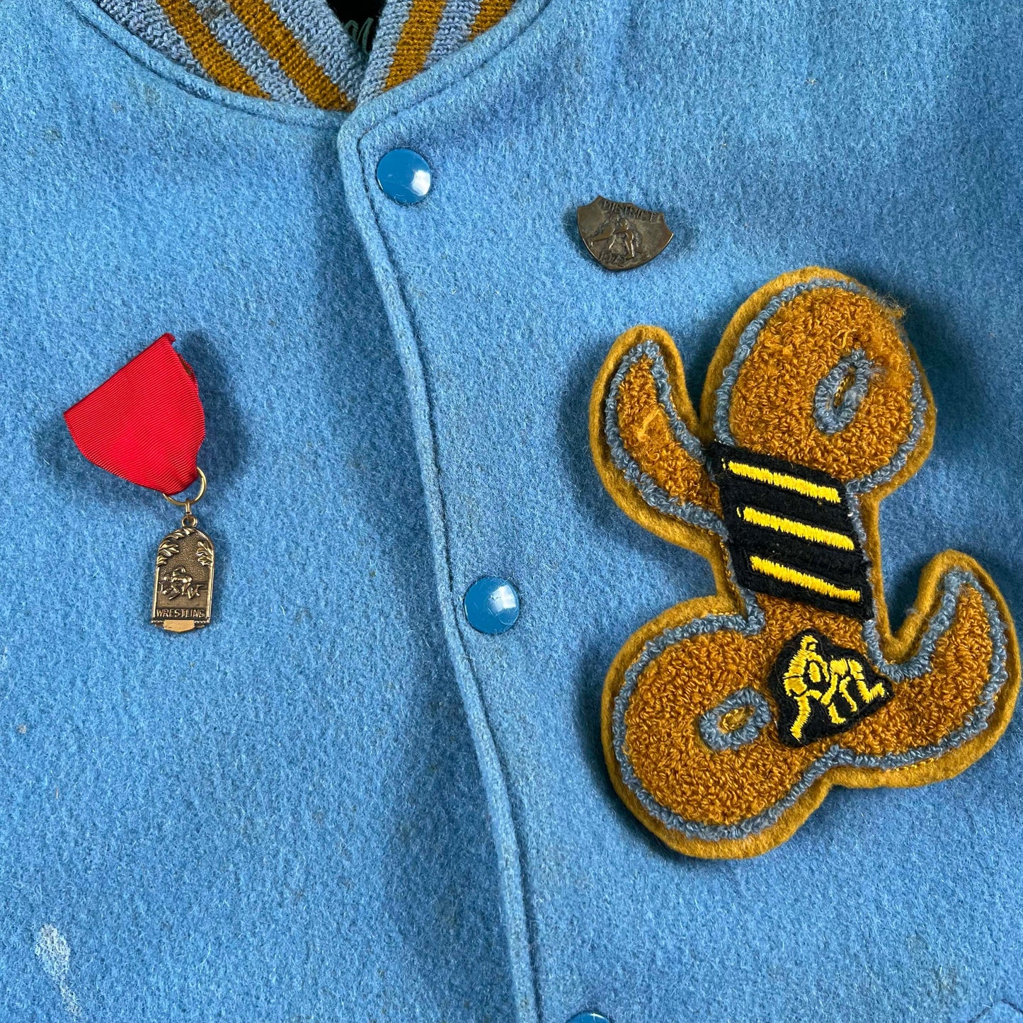 70s Baby Blue & Cream Wool Varsity Jacket- S