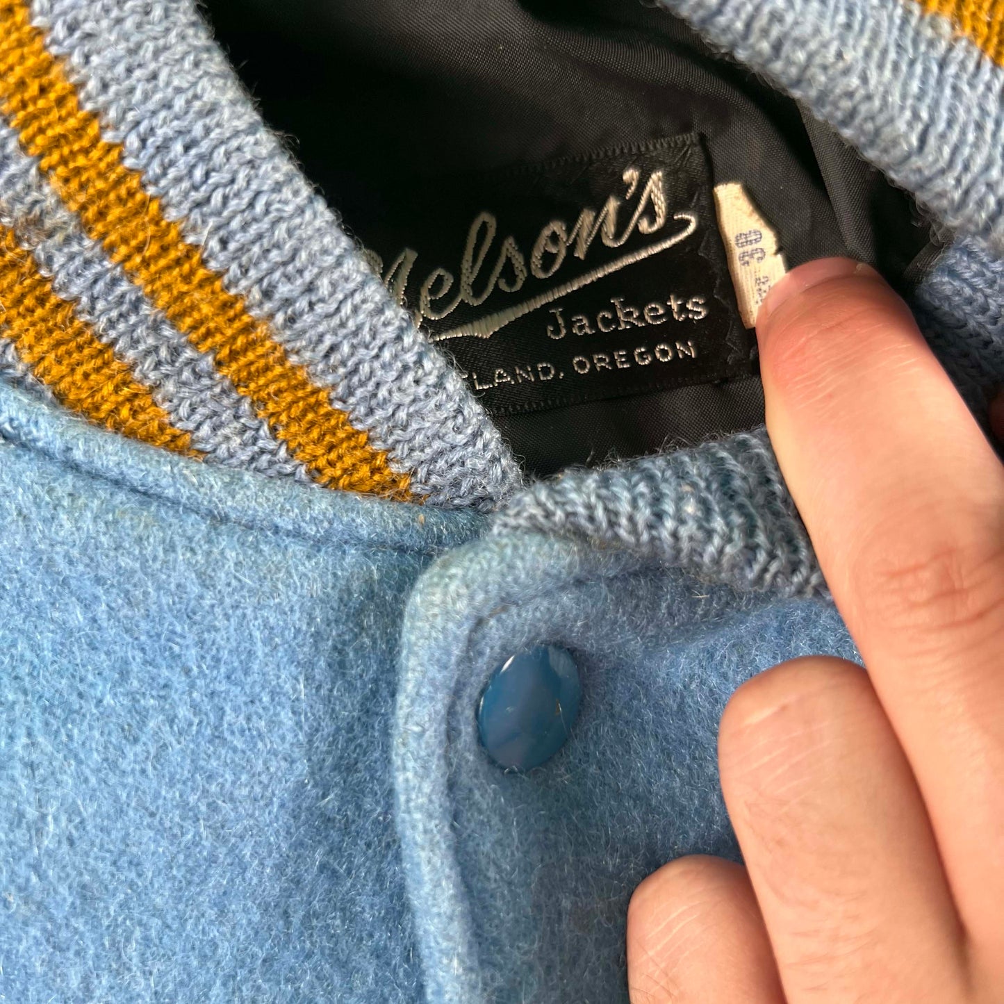 70s Baby Blue & Cream Wool Varsity Jacket- S