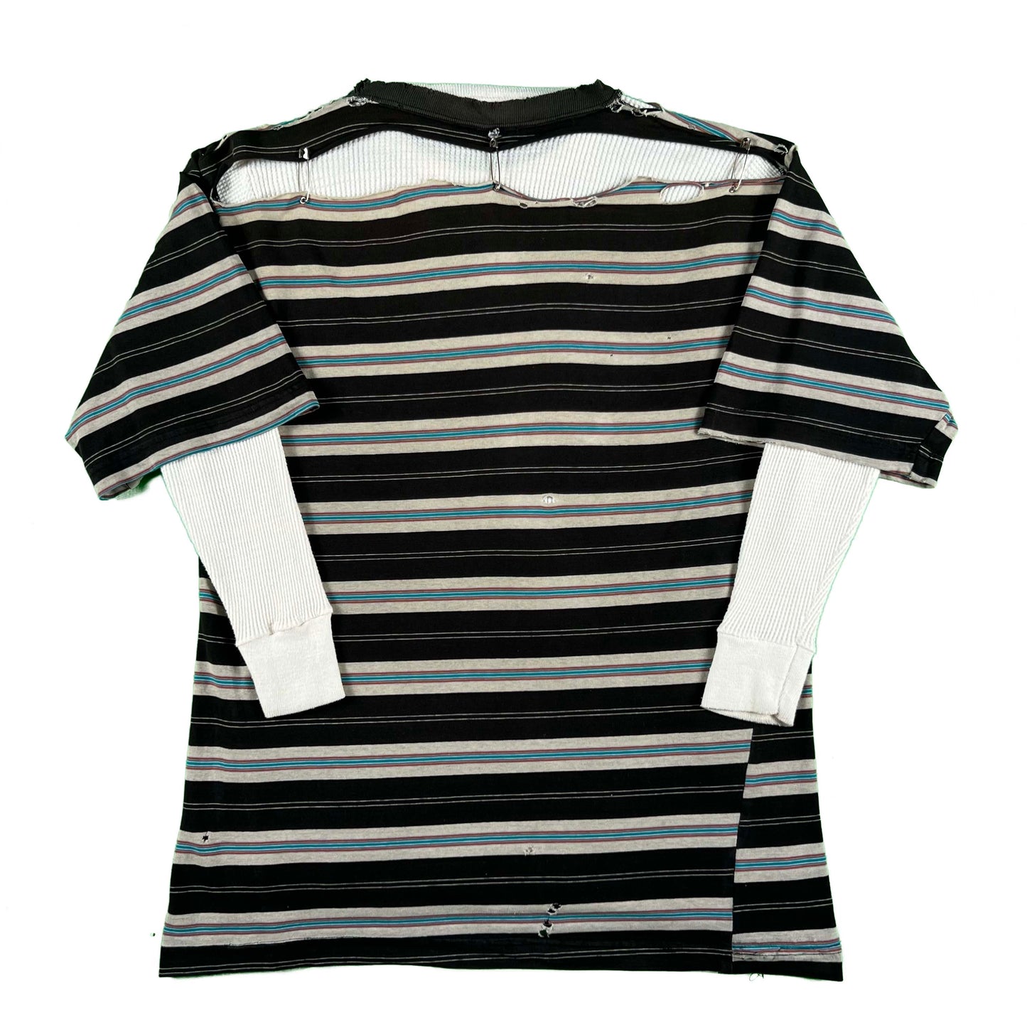 90s Thrashed & Safety Pinned Striped Tee & Waffle Knit Thermal- XL