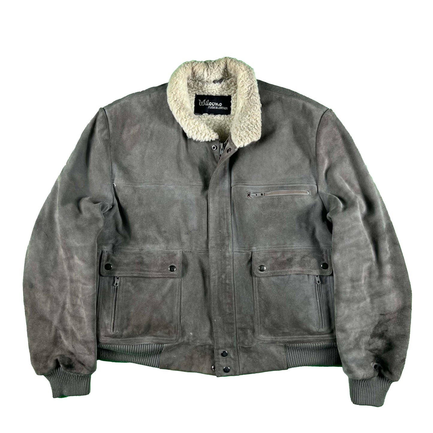 80s Wilsons Sherpa Lined Grey Suede Leather Bomber Jacket- XL