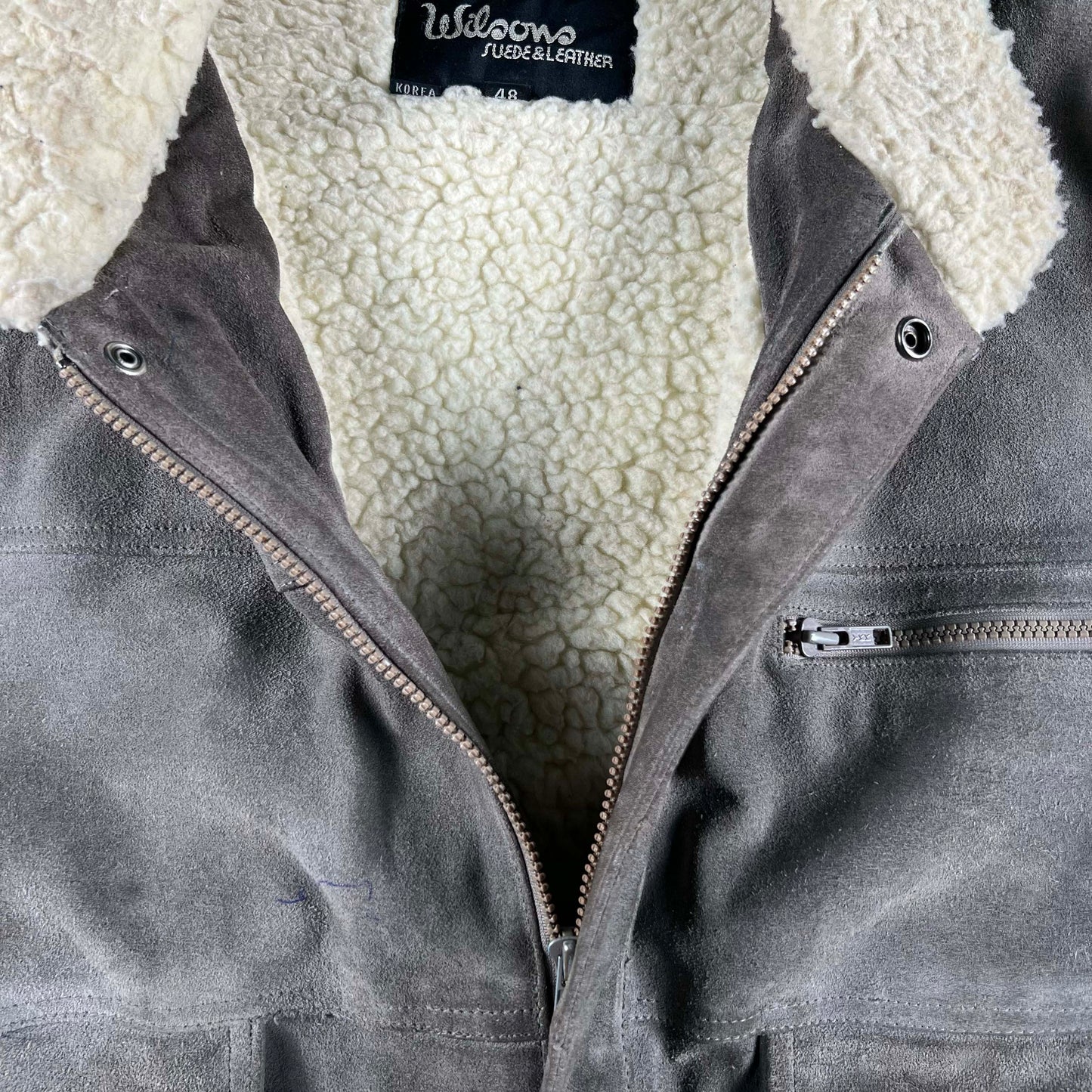 80s Wilsons Sherpa Lined Grey Suede Leather Bomber Jacket- XL