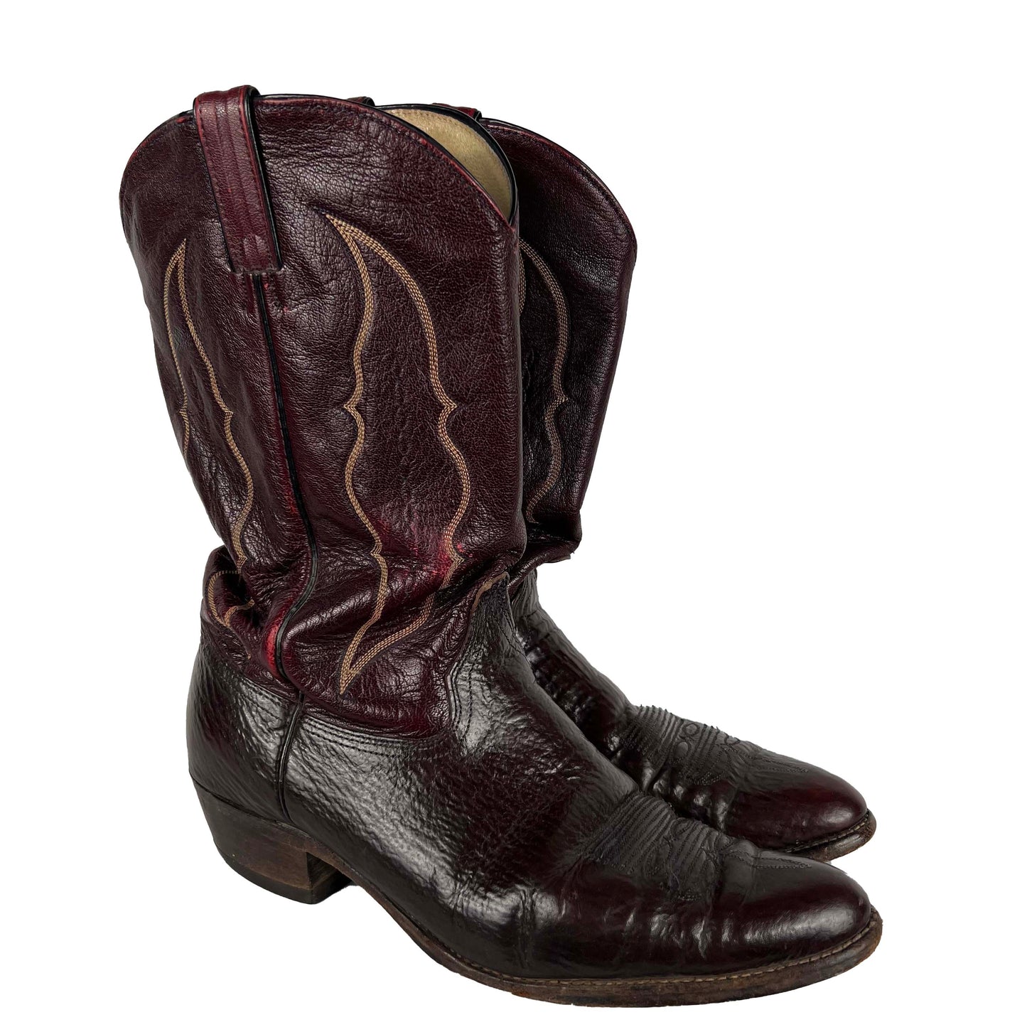 80s Two Tone Oxblood Burgundy Leather Cowboy Boots- M's 13, W's 14.5