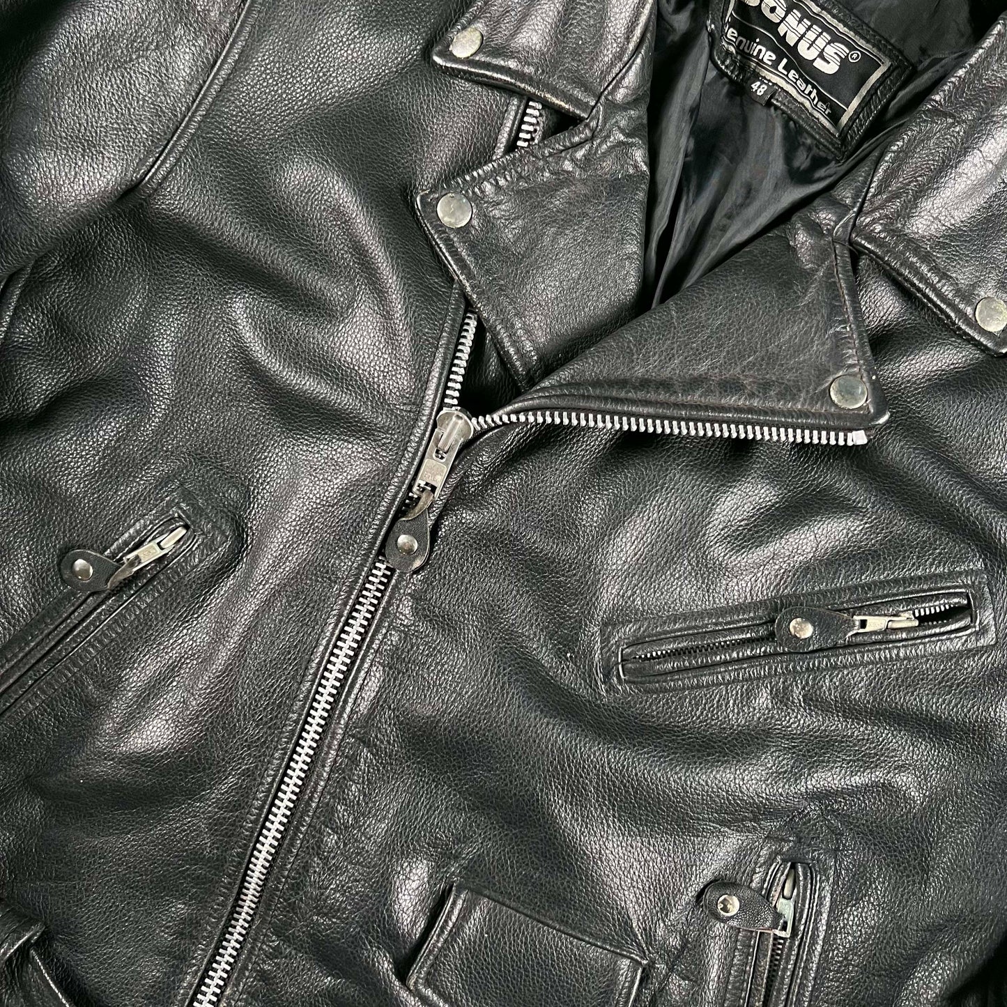 90s Black Leather Biker Jacket- XL