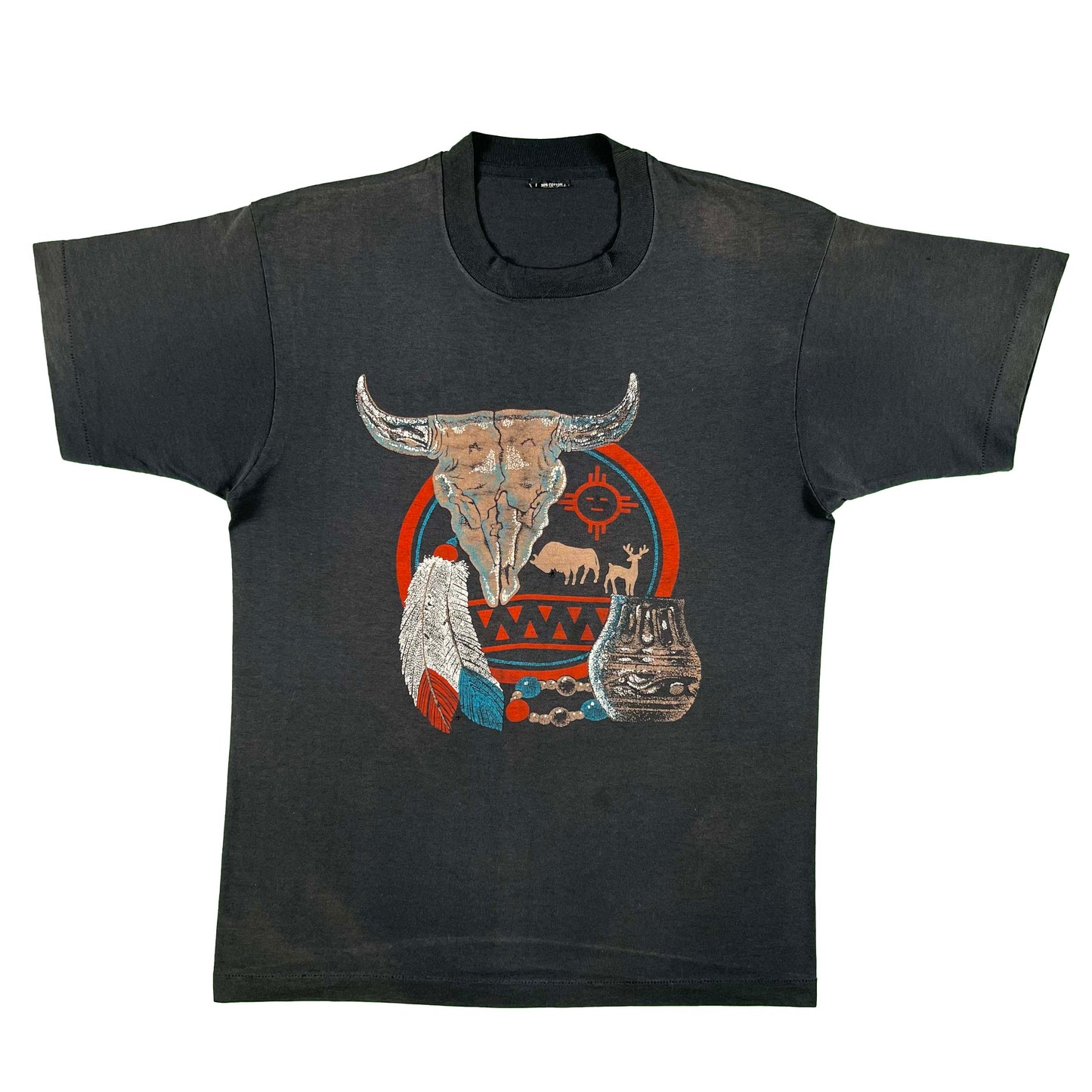 90s Sun Faded Black Western Longhorn Tee- L