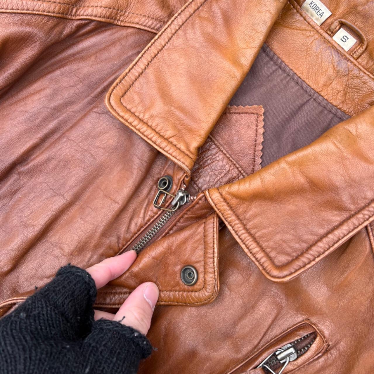 90s Caramel Brown Multi Zip Leather Bomber Jacket- S
