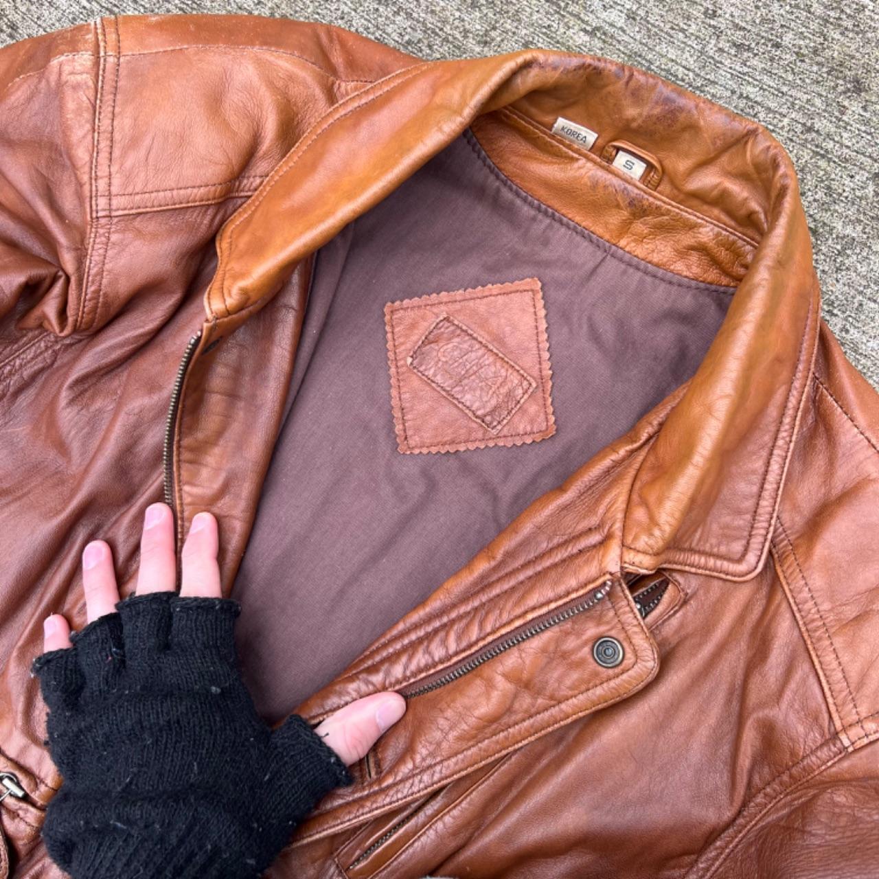 90s Caramel Brown Multi Zip Leather Bomber Jacket- S