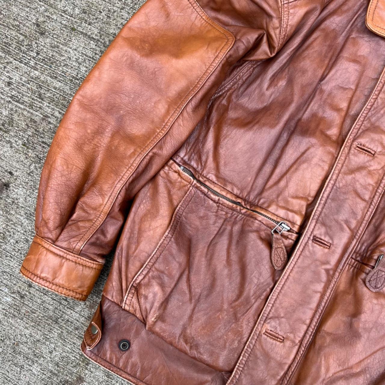 90s Caramel Brown Multi Zip Leather Bomber Jacket- S