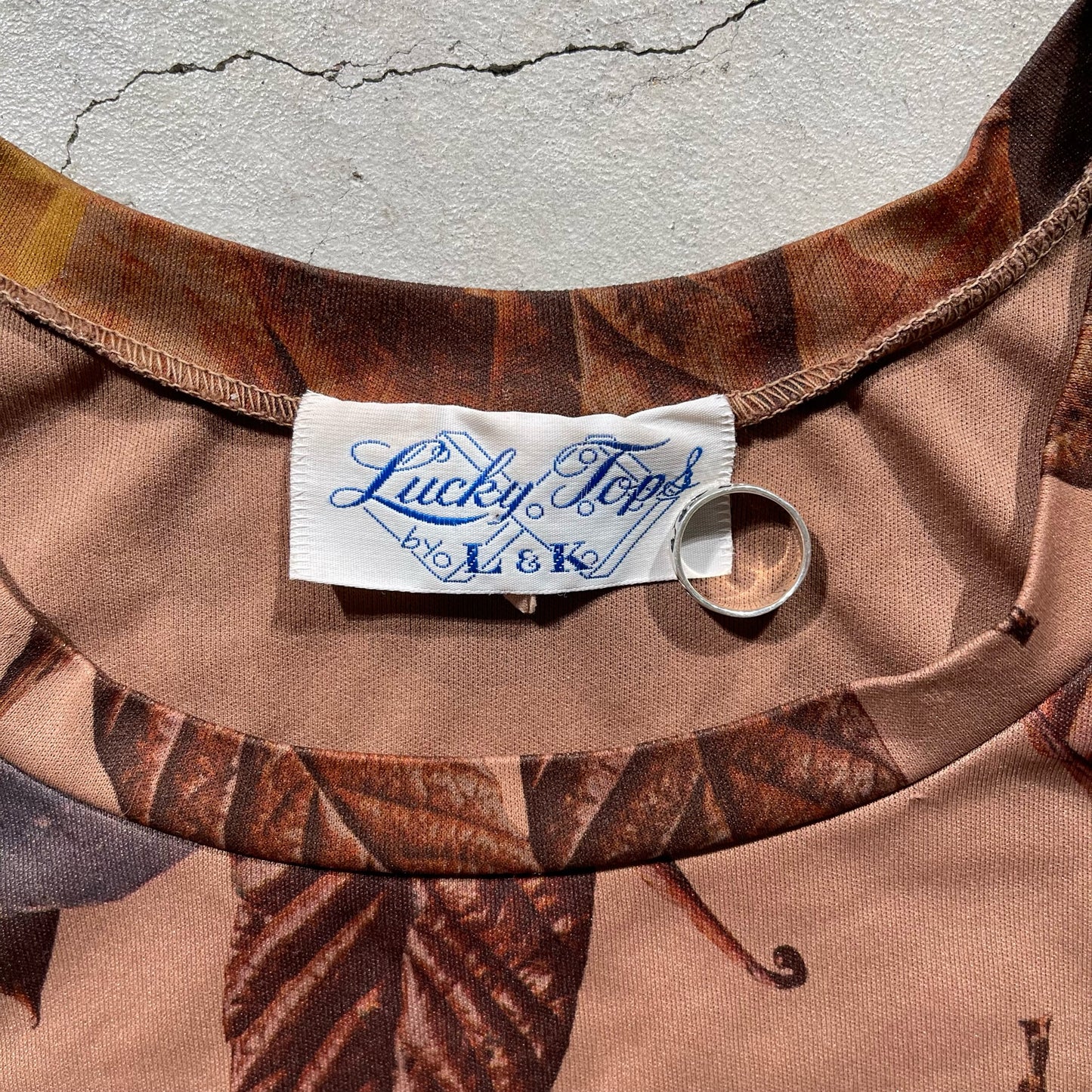 70s Polyester Leaf Print Top- M