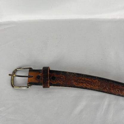 80s Alaska Ram Buckle Acorn Leather Belt- 34"-38"