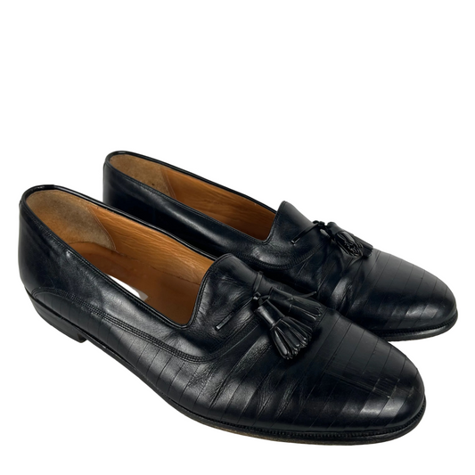 90s Paneled Black Leather Tassel Loafers- M's 10.5, W's 12