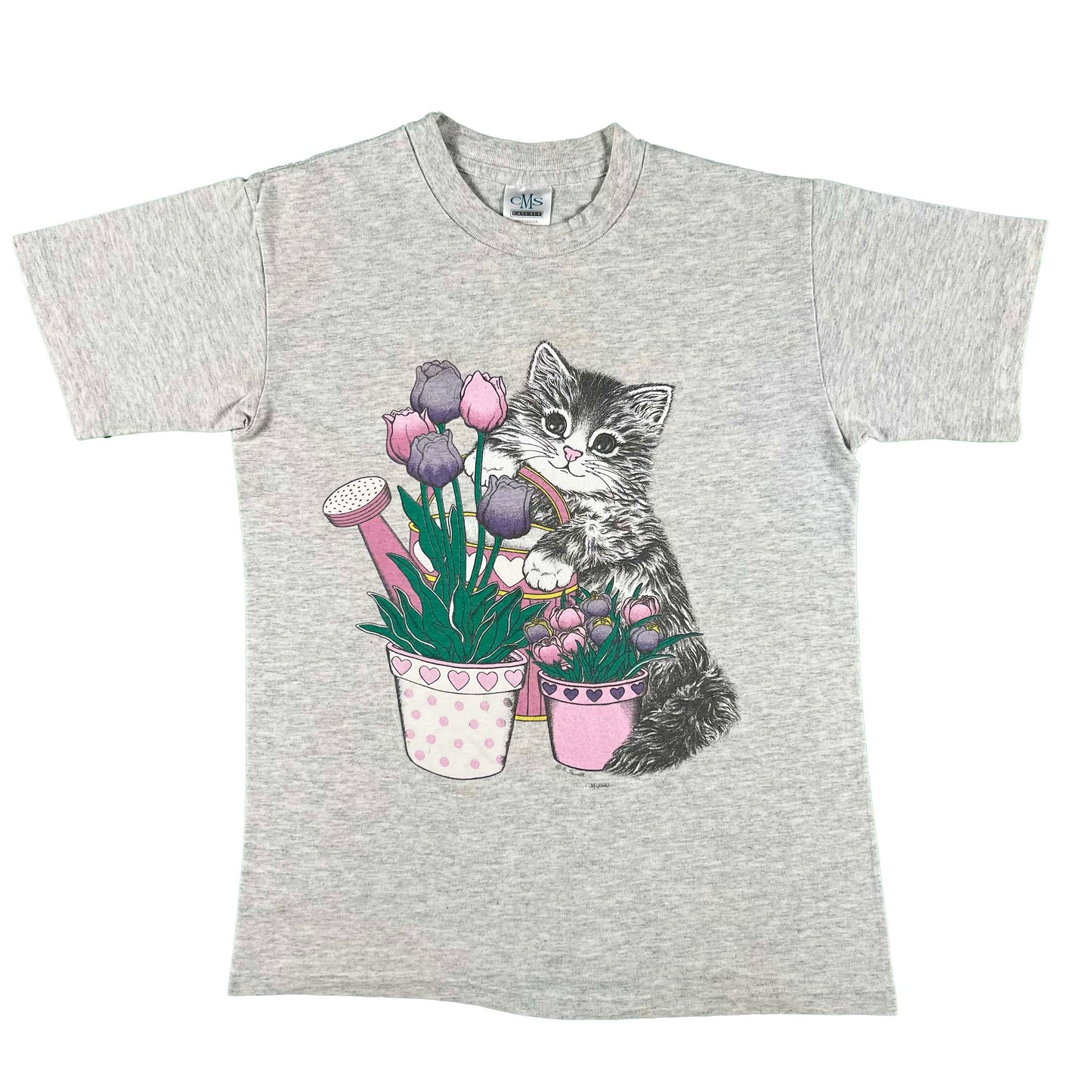 90s Adorable Cat and Tulips Tee- S