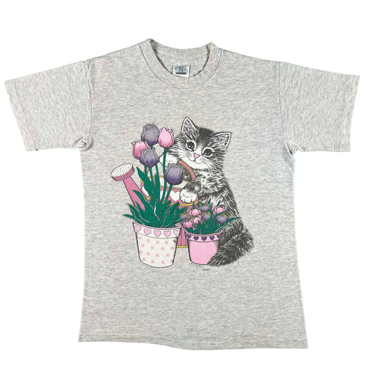 90s Adorable Cat and Tulips Tee- S