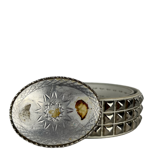White Studded Belt 70s Silver Stone Buckle- 28"-32"