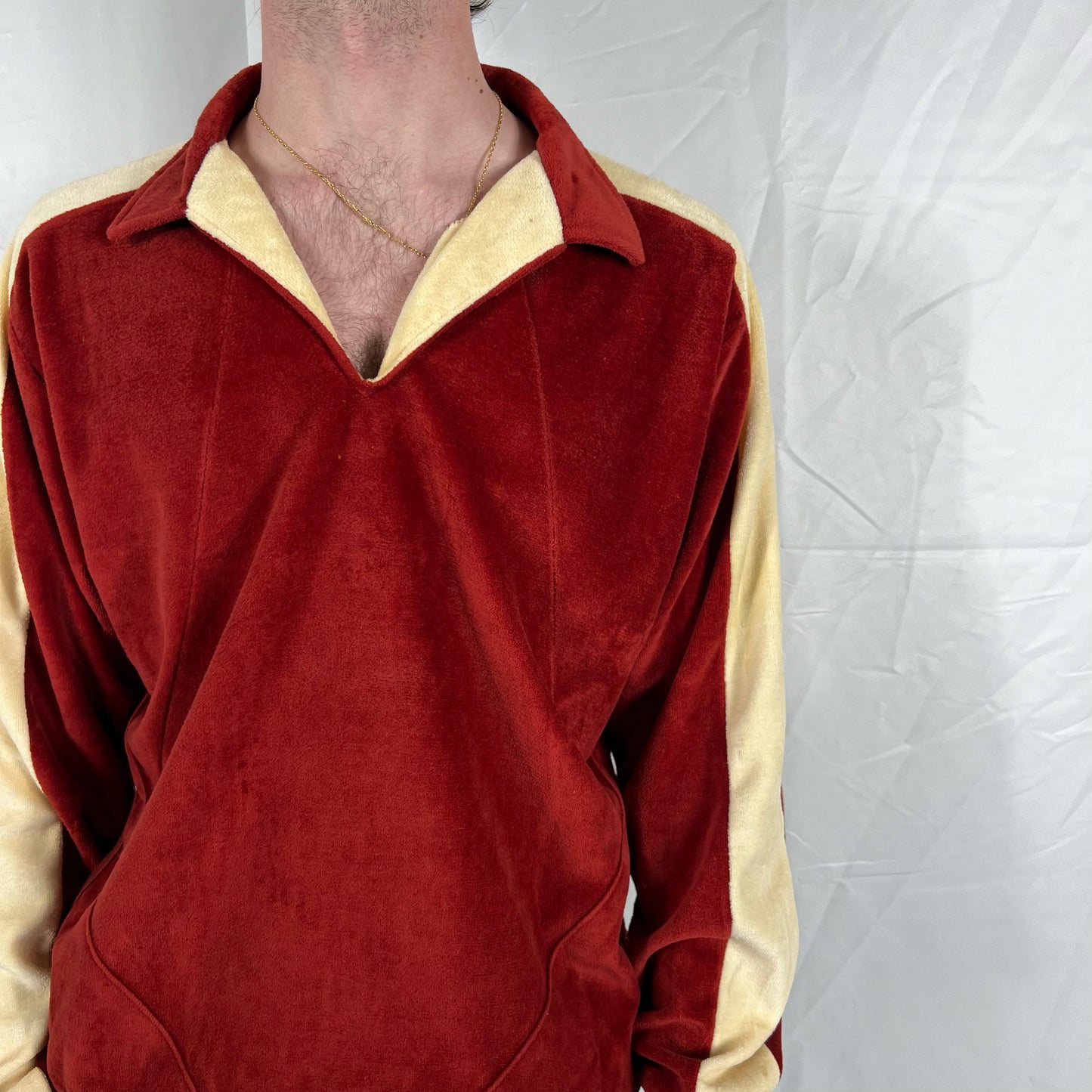70s Campus Two Tone Velour Long Sleeve Polo- L