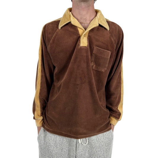 70s Two Tone Brown Velour Long Sleeve Polo- M