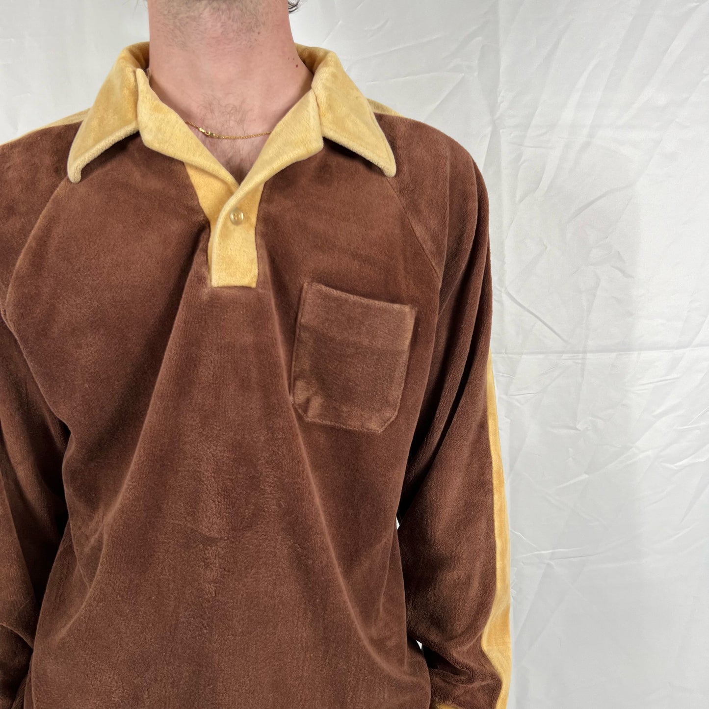 70s Two Tone Brown Velour Long Sleeve Polo- M