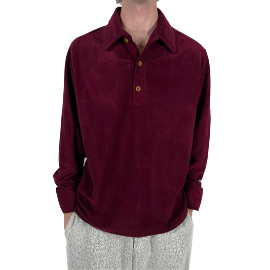 70s Wine Red Velour Long Sleeve Polo- XL