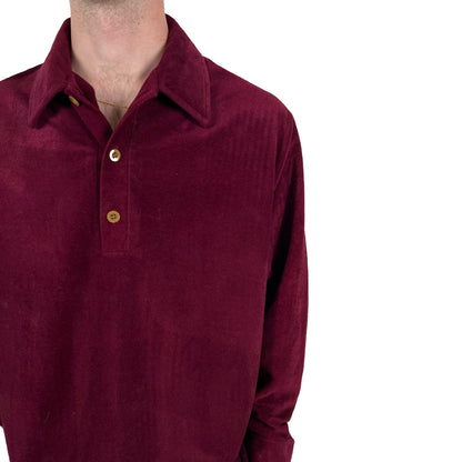 70s Wine Red Velour Long Sleeve Polo- XL