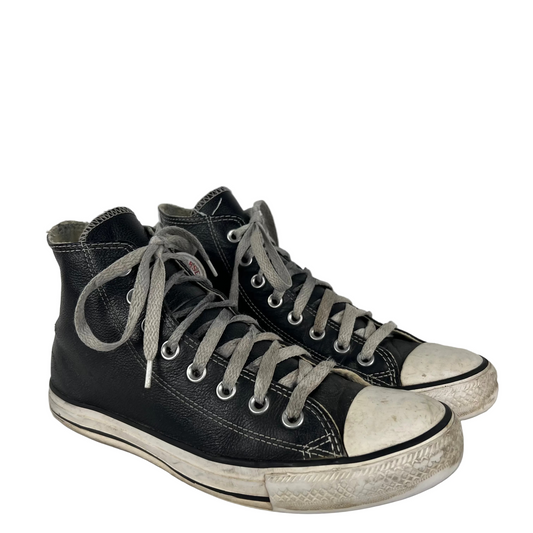 Black Leather High Top Converse- M's 7, W's 8.5