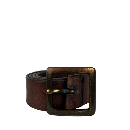 00s Square Buckle Patina Brown Leather Belt- L