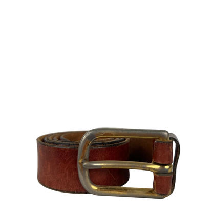 90s Long Buckle Patina Brown Leather Belt- 28"-32"