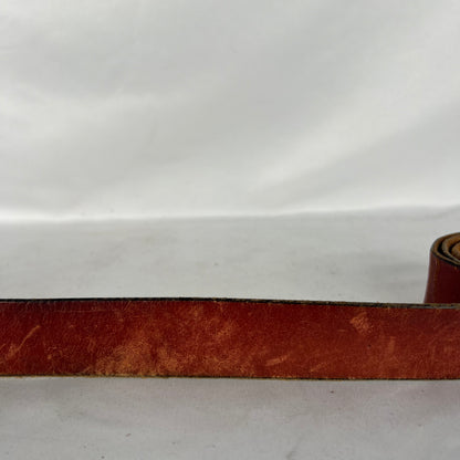 90s Long Buckle Patina Brown Leather Belt- 28"-32"