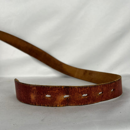 90s Long Buckle Patina Brown Leather Belt- 28"-32"