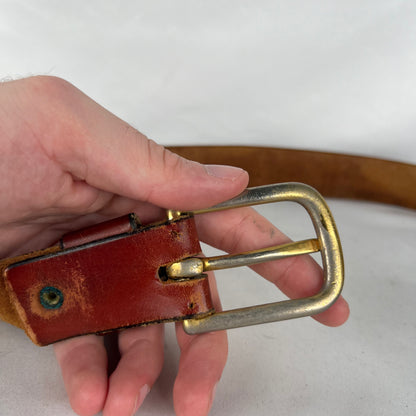90s Long Buckle Patina Brown Leather Belt- 28"-32"