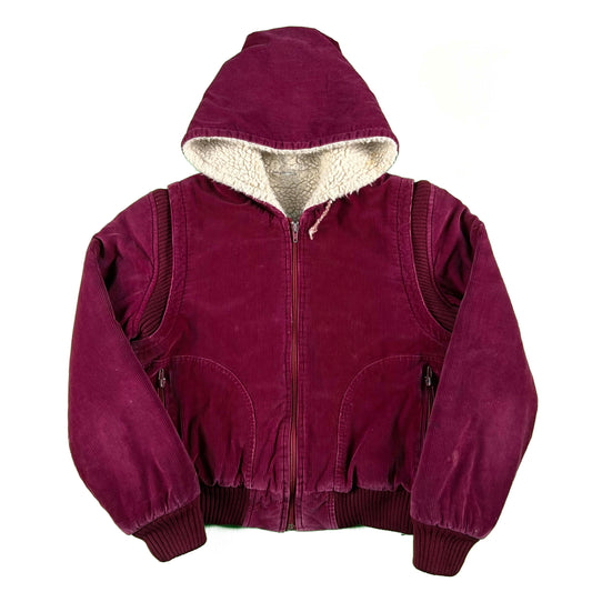 90s Sherpa Lined Magenta Pink Corduroy Hooded Jacket- S