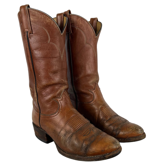 80s Patina Tan Leather Cowboy Boots- M's 8.5, W's 10