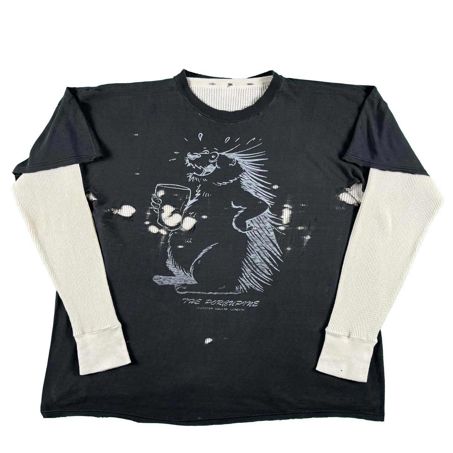 90s Thrashed 'The Porcupine' London Tee & Waffle Knit Thermal- XL