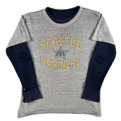 80s Paper Thin Champion Mariners Tee & Navy Waffle Knit Thermal- XL