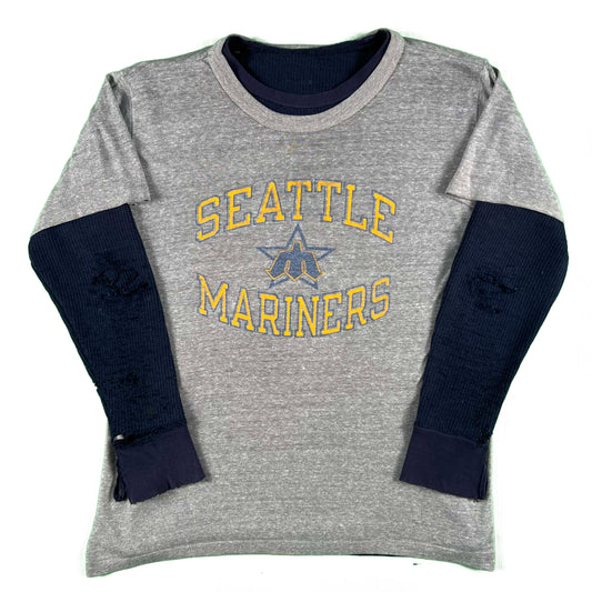 80s Paper Thin Champion Mariners Tee & Navy Waffle Knit Thermal- XL