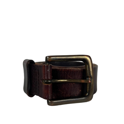 90s/00s Square Buckle Patina Brown Leather Belt- M