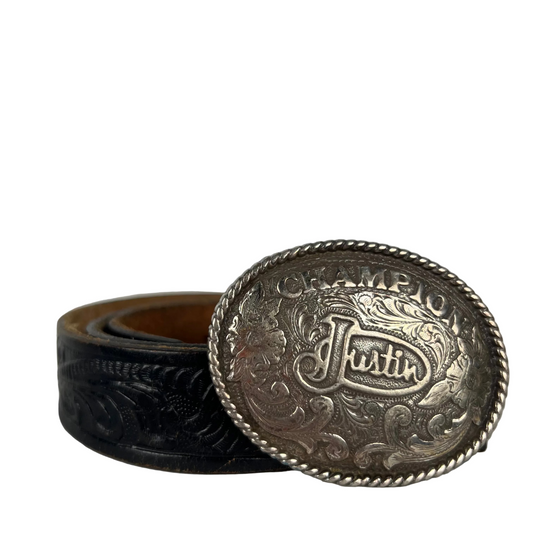 90s Justin 'Champion' Embellished Black Leather Belt- 26