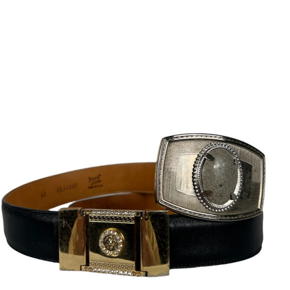 90s Tony Lama Black and Marble Belt w Pearl Buckle- 36"-40"