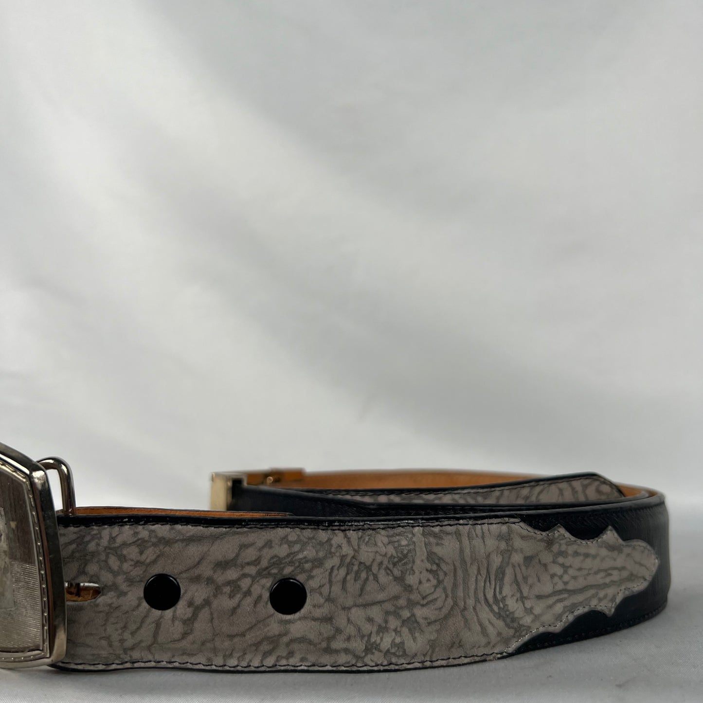90s Tony Lama Black and Marble Belt w Pearl Buckle- 36"-40"