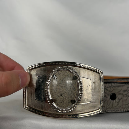 90s Tony Lama Black and Marble Belt w Pearl Buckle- 36"-40"