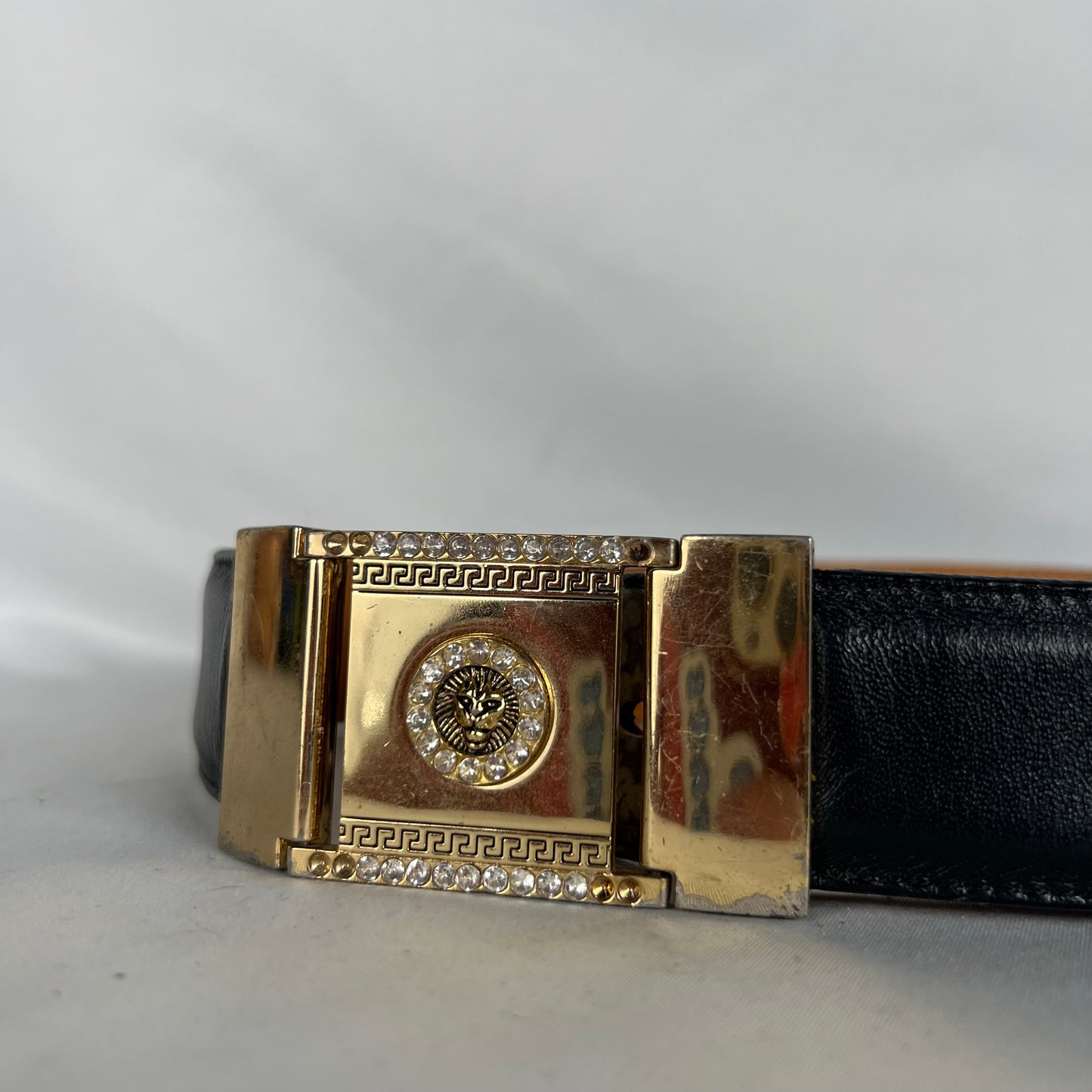 90s Tony Lama Black and Marble Belt w Pearl Buckle- 36"-40"