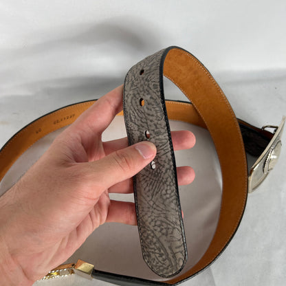 90s Tony Lama Black and Marble Belt w Pearl Buckle- 36"-40"
