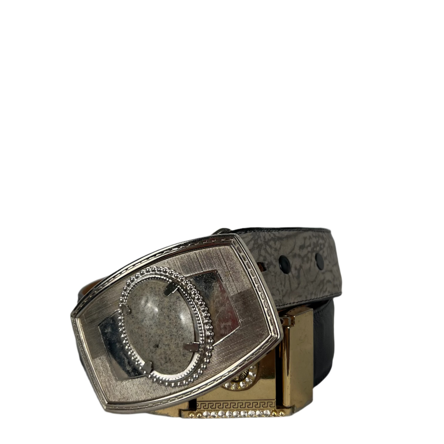 90s Tony Lama Black and Marble Belt w Pearl Buckle- 36"-40"