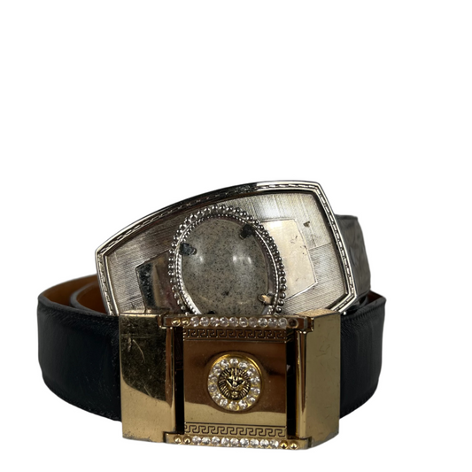 90s Tony Lama Black and Marble Belt w Pearl Buckle- 36"-40"