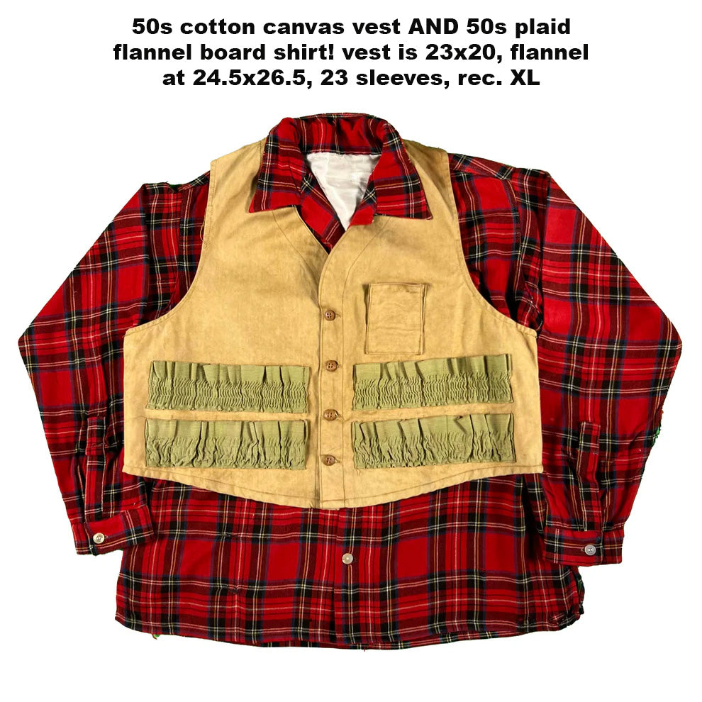 40s/50s 'American Field' Hunting Vest + Red Plaid Flannel- XL