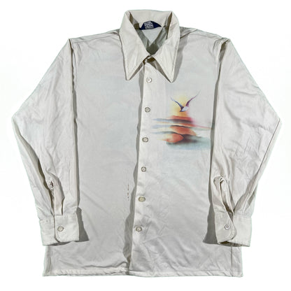 70s Polyester Painted Bird Sunset Shirt - L