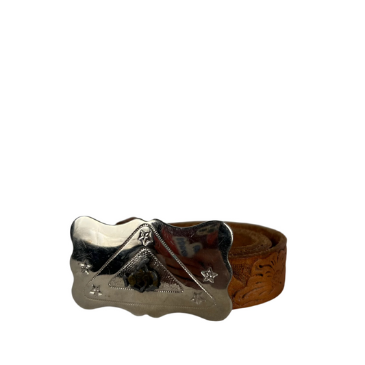 70s Embellished Tan Leather Belt w Spinning Cowboy Buckle- XXS