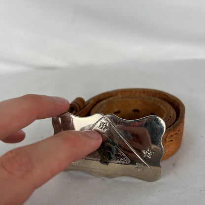 70s Embellished Tan Leather Belt w Spinning Cowboy Buckle- XXS