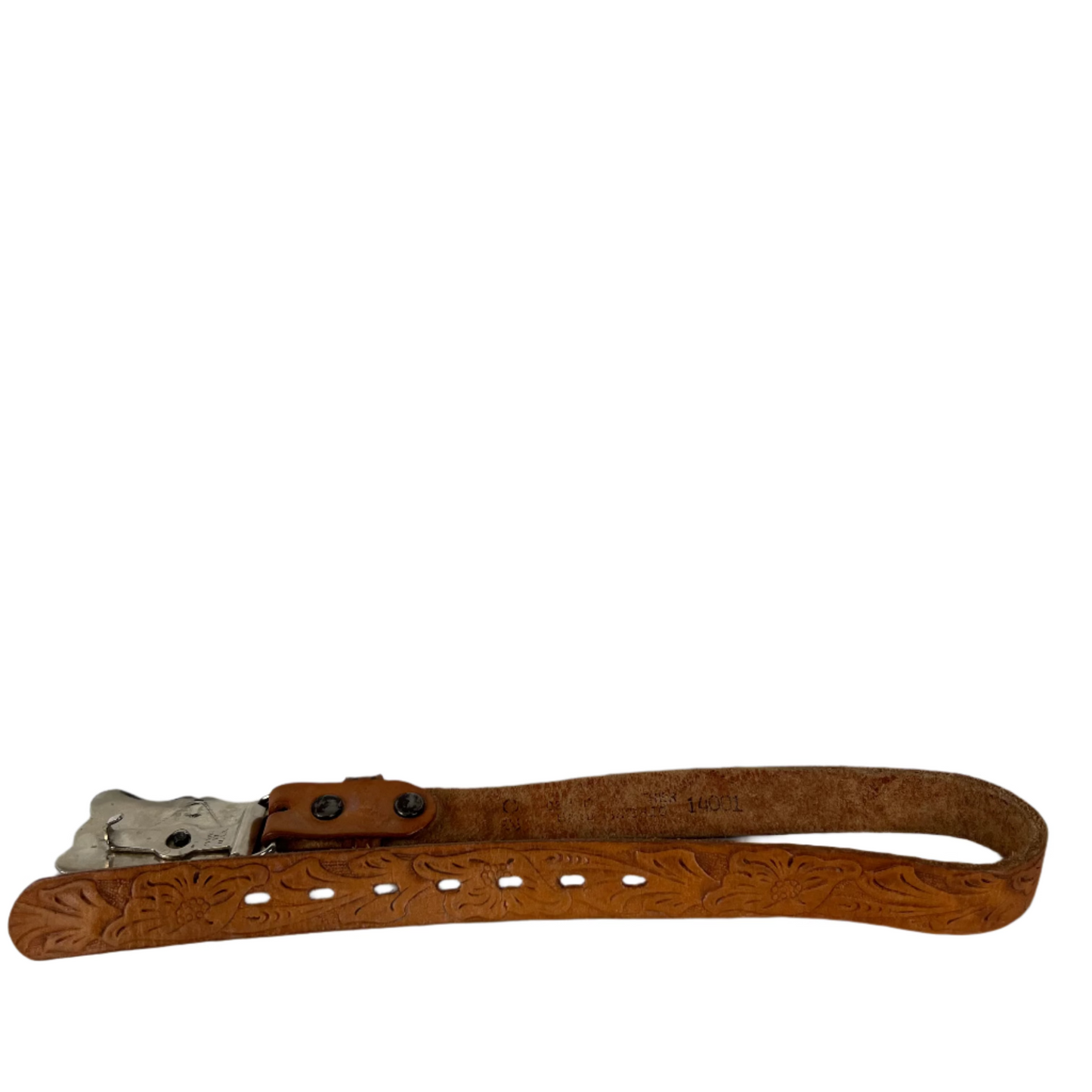 70s Embellished Tan Leather Belt w Spinning Cowboy Buckle- XXS
